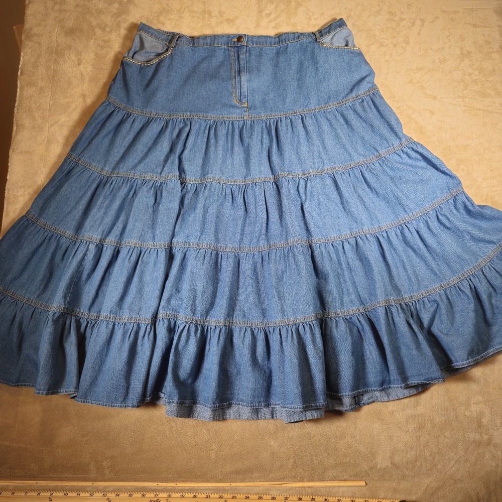 Multiples Womens 22W Denim Tiered Maxi Skirt Blue Cotton Boho Prairie Ruffle